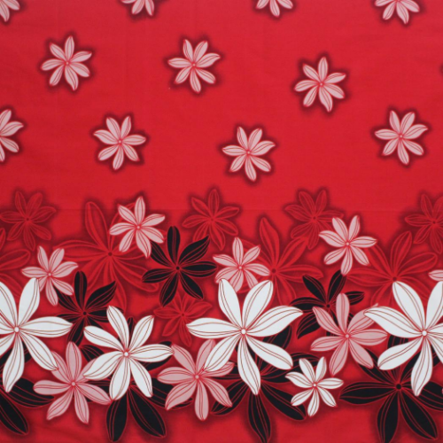 Red, black and white floral design with flowers and geometric patterns printed on 100% cotton fabric