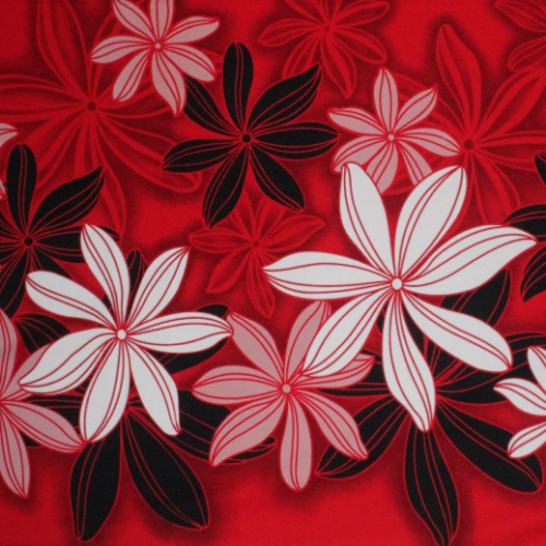 Red, black and white floral design with flowers and geometric patterns printed on 100% cotton fabric