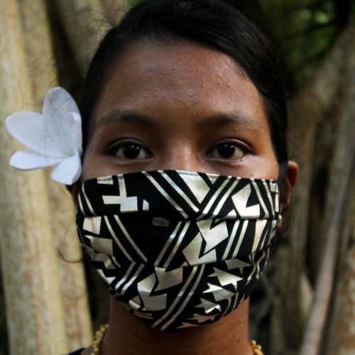 silver and black Polynesian design fabric face mask
