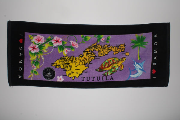 Tropical designs of the island of Tutuila and turtles on a purple 100% cotton hand towel