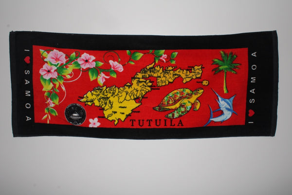 Tropical designs of the island of Tutuila and turtles on a red 100% cotton hand towel