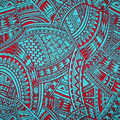 Samoan Design Dobby Cotton Print Fabric - Turqoise/Red