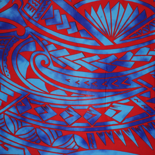 Blue with red background Samoan design with shells and geometric patterns on quick-dry polyester fabric