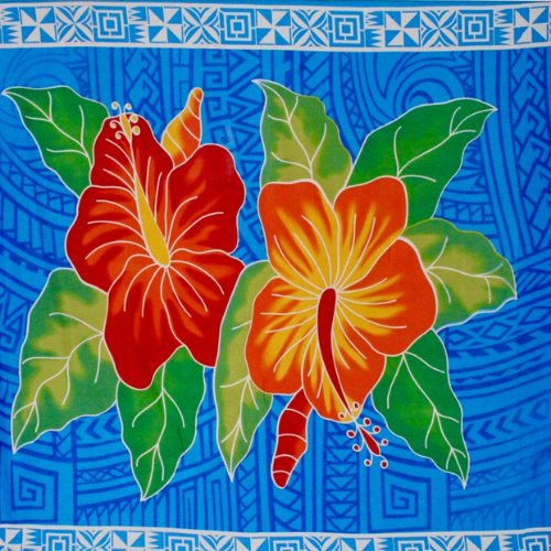 Blue Samoan tattoo design with red and yellow flowers and geometric patterns on quick-dry polyester fabric.