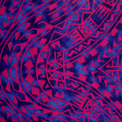 Fuchsia and blue grey Samoan design with shells and geometric patterns on quick-dry polyester fabric
