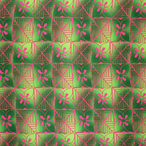 Green and pink Samoan tattoo and flower design in symmetrical pattern on quick-dry polyester fabric.