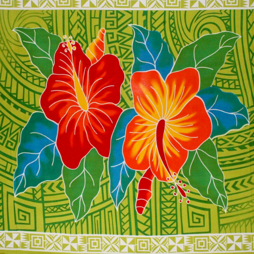 Green Samoan tattoo design with red and yellow flowers and geometric patterns on quick-dry polyester fabric.