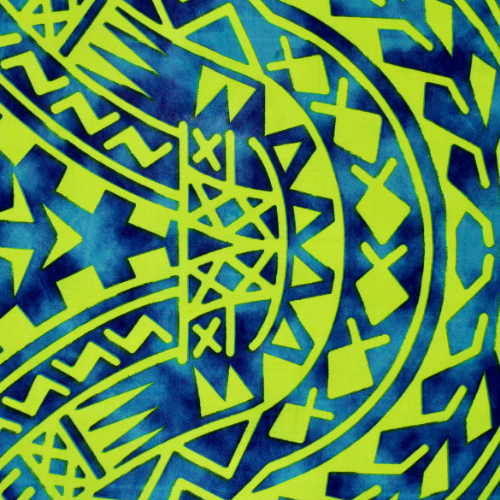 Lime green and blue Samoan design with shells and geometric patterns on quick-dry polyester fabric