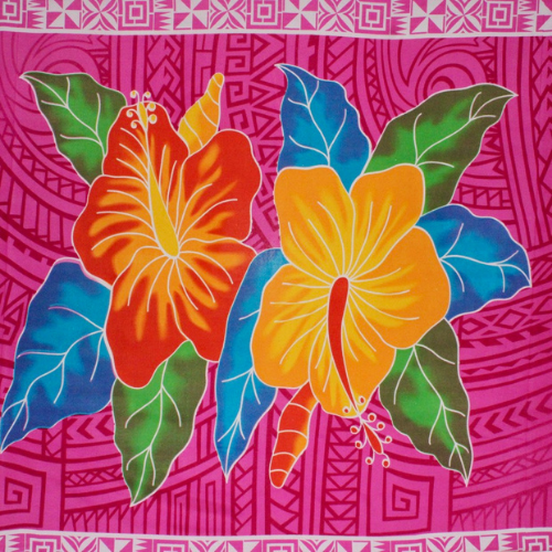 Pink Samoan design with red flowers and geometric patterns on quick-dry polyester fabric.