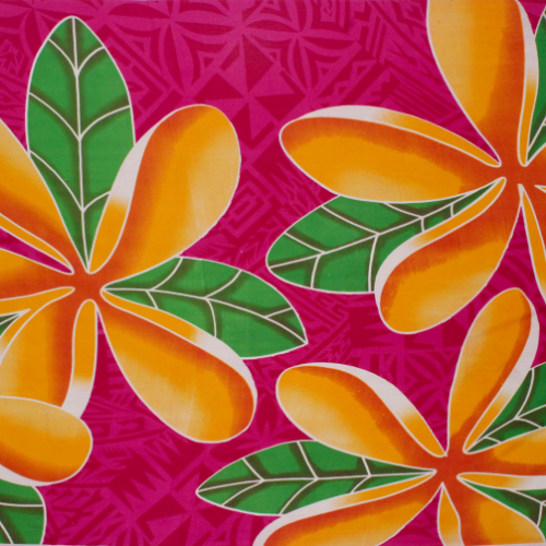 Pink Samoan design with red flowers and geometric patterns on quick-dry polyester fabric.