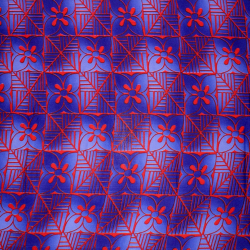 Blue and purple Samoan tattoo and flower design in symmetrical pattern on quick-dry polyester fabric.