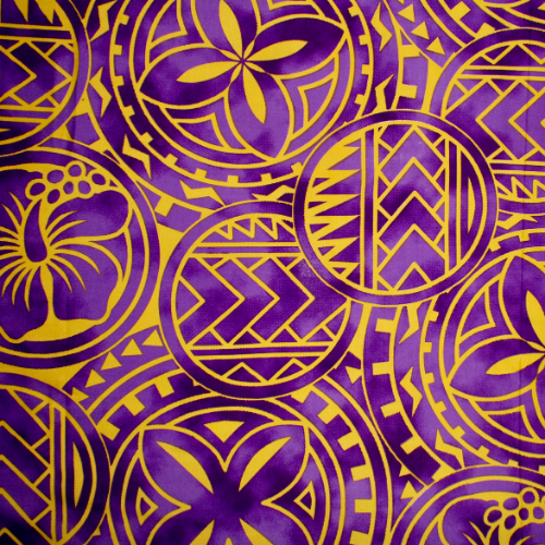 Purple and yellow Samoan tattoo and flower design on quick-dry polyester fabric