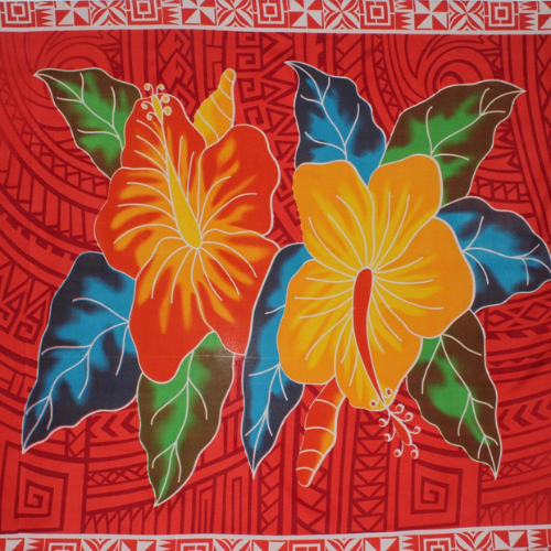 Red Samoan tattoo design with red flowers and geometric patterns on quick-dry polyester fabric.