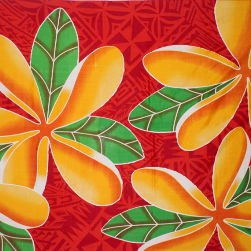 Red Samoan tattoo design with yellow flowers and geometric patterns on quick-dry polyester fabric.