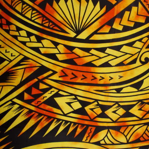 Sunset yellow with black background Samoan design with shells and geometric patterns on quick-dry polyester fabric