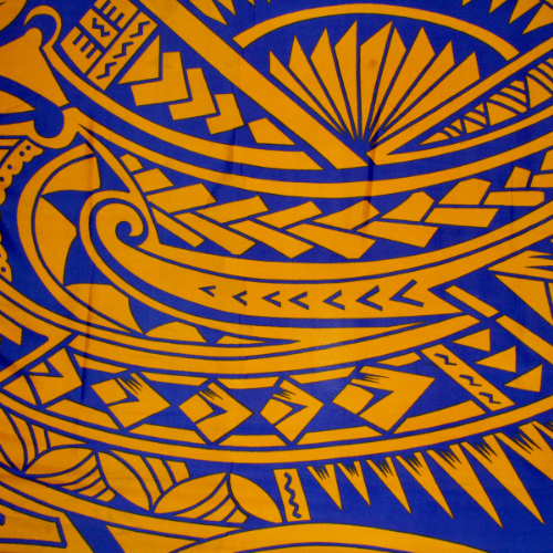 Tangerine with blue background Samoan design with shells and geometric patterns on quick-dry polyester fabric