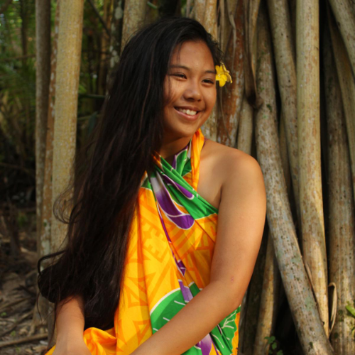 beach cover up sarong lavalava yellow geometric patterns with purple flowers showing tie around neck option