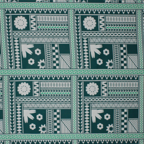 Green and white designs with flower and geometric design on 100% cotton fabric