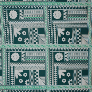 Green and white designs with flower and geometric design on 100% cotton fabric