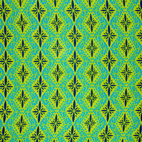 Light green and blue designs with flower and geometric design on 100% cotton fabric