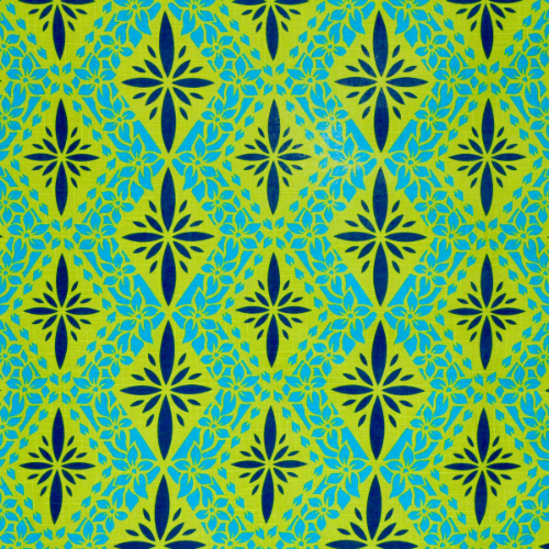 Light green and blue designs with flower and geometric design on 100% cotton fabric