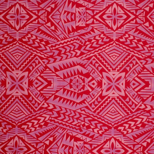 Red Samoan tattoo design with flowers and geometric patterns printed on 97% polyester and 3% spandex